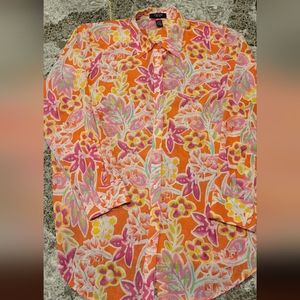 Chaps by Ralph Lauren Georgette Floral Coral Button Blouse Top. Womens Plus 1X